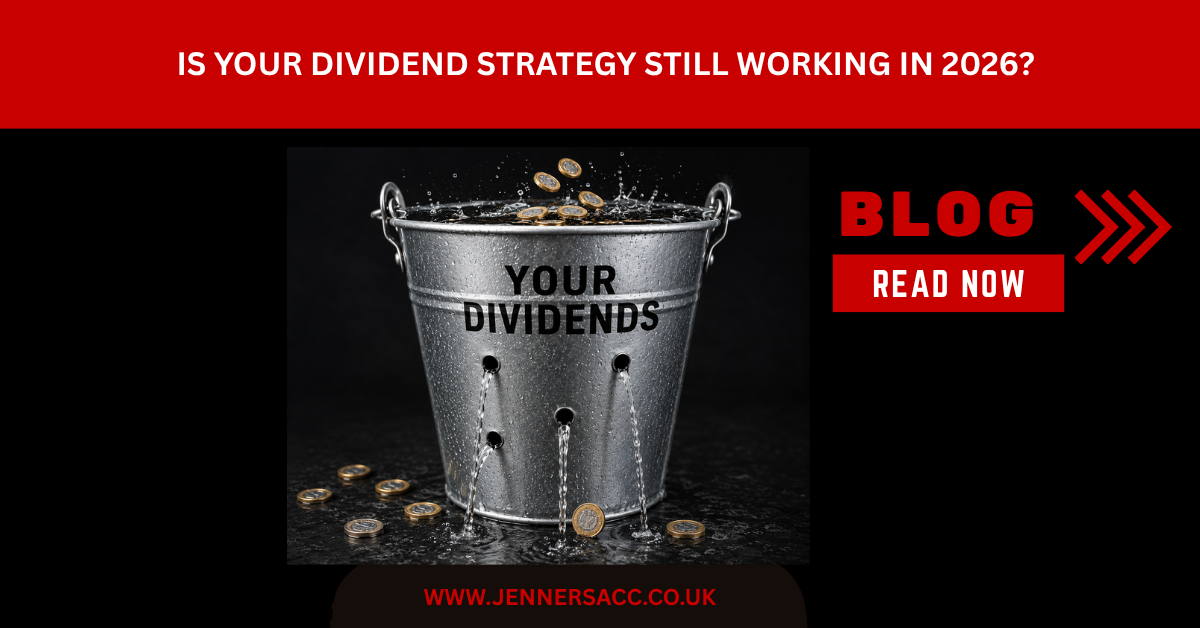 Metal bucket labelled ‘Your Dividends’ leaking water through holes while pound coins spill from the top, symbolising rising dividend tax costs and profit loss for UK business owners in 2026. Dark black background with dramatic lighting